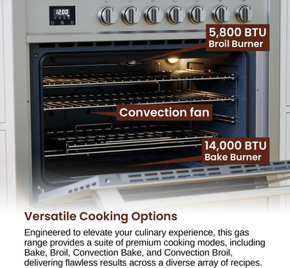 RRG361TS 36" Gas Range Oven with Timer - Stainless Steel, Sealed Burners, Convection Fan, Easy Reach Racks