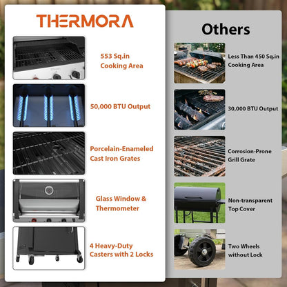 4 Burners Propane Gas Outdoor Grill 50000 BTU, 553 Sq.In, Side Burner, Porcelain-Enameled Grates, Stainless Steel Propane Grill Outdoor Cooking, Patio Garden Family Barbecues Party