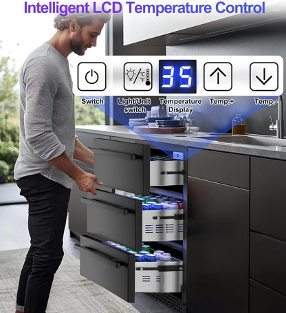 3-Tier Drawer Outdoor Beverage Refrigerator, Hold 180 Cans 24 Inch Undercounter & Built-In Beverage Fridge with Temperature Control, Waterproof Freestanding Beverage Cooler for Home,Commercial Use