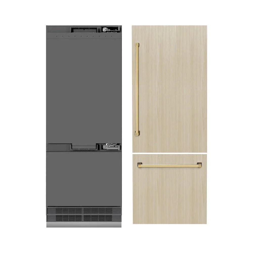 ZLINE 30" Panel Ready Built-In Bottom Freezer Refrigerator,Water Dispenser, Ice Maker,Graphite Gray, Gold GRBIVZ-30-G