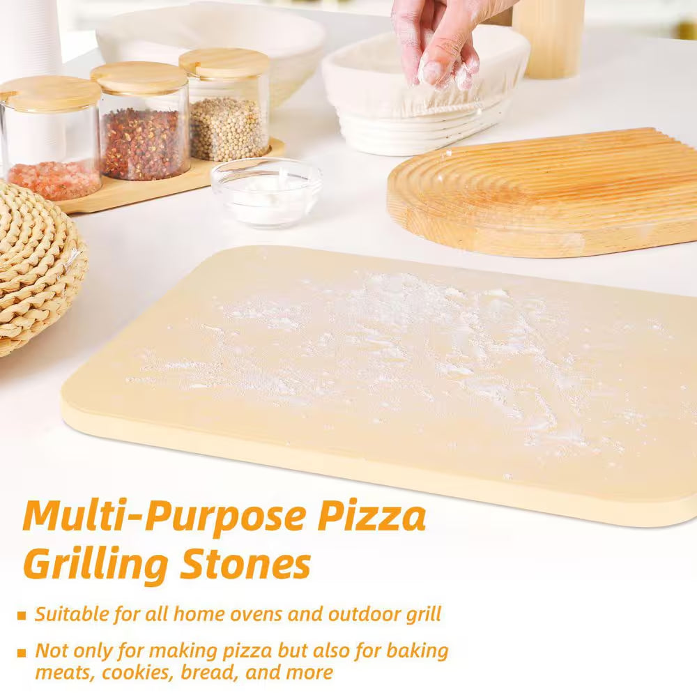 5 Pieces Pizza Stone Set, 15 In. Rectangle Pizza Stone Set with Metal Pizza Peels, Cutter Rocker for Oven, Outdoor Grill