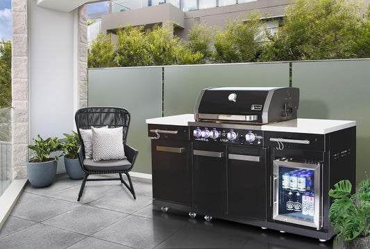 Premium 70"W X 24"D Black Stainless Steel Compact Outdoor Kitchen Island with Refrigerator + 32"W 4-Burner BBQ Grill with Infrared Rotisserie Burner + Storage Cabinets + Granite Countertops