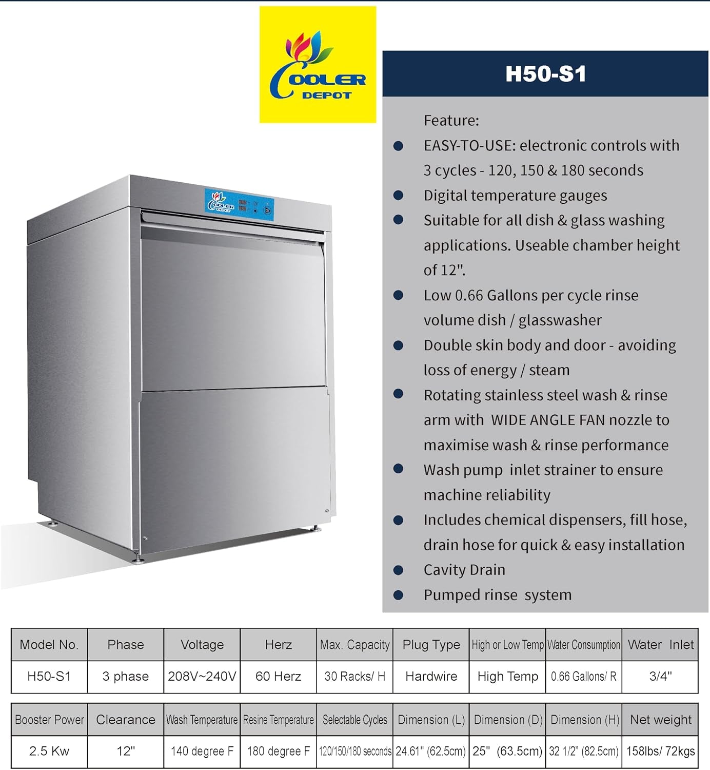 Commercial Dishwasher Undercounter High Temperature, NSF Certified, 220V, 1Or3 Phase H50-S1