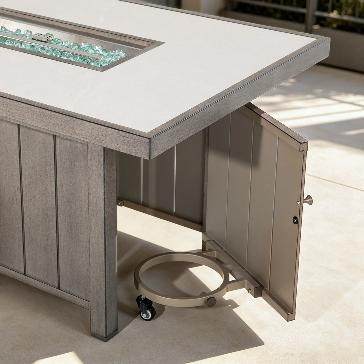 4-Piece Faux-Wood Aluminum Swivel Patio Conversation Set with Fire Pit Table