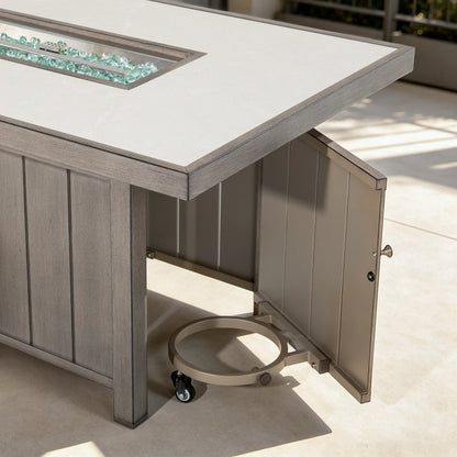 4-Piece Faux-Wood Aluminum Swivel Patio Conversation Set with Fire Pit Table