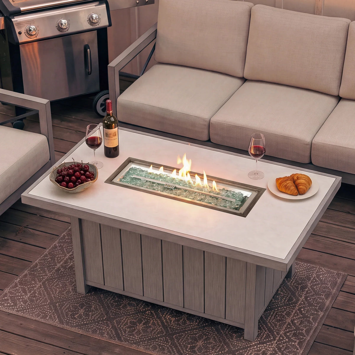 4-Piece Faux-Wood Aluminum Swivel Patio Conversation Set with Fire Pit Table