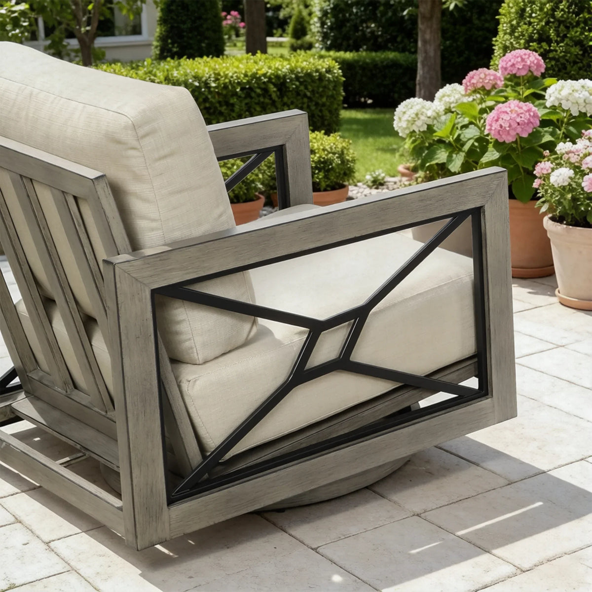 4-Piece Faux-Wood Aluminum Swivel Patio Conversation Set with Fire Pit Table