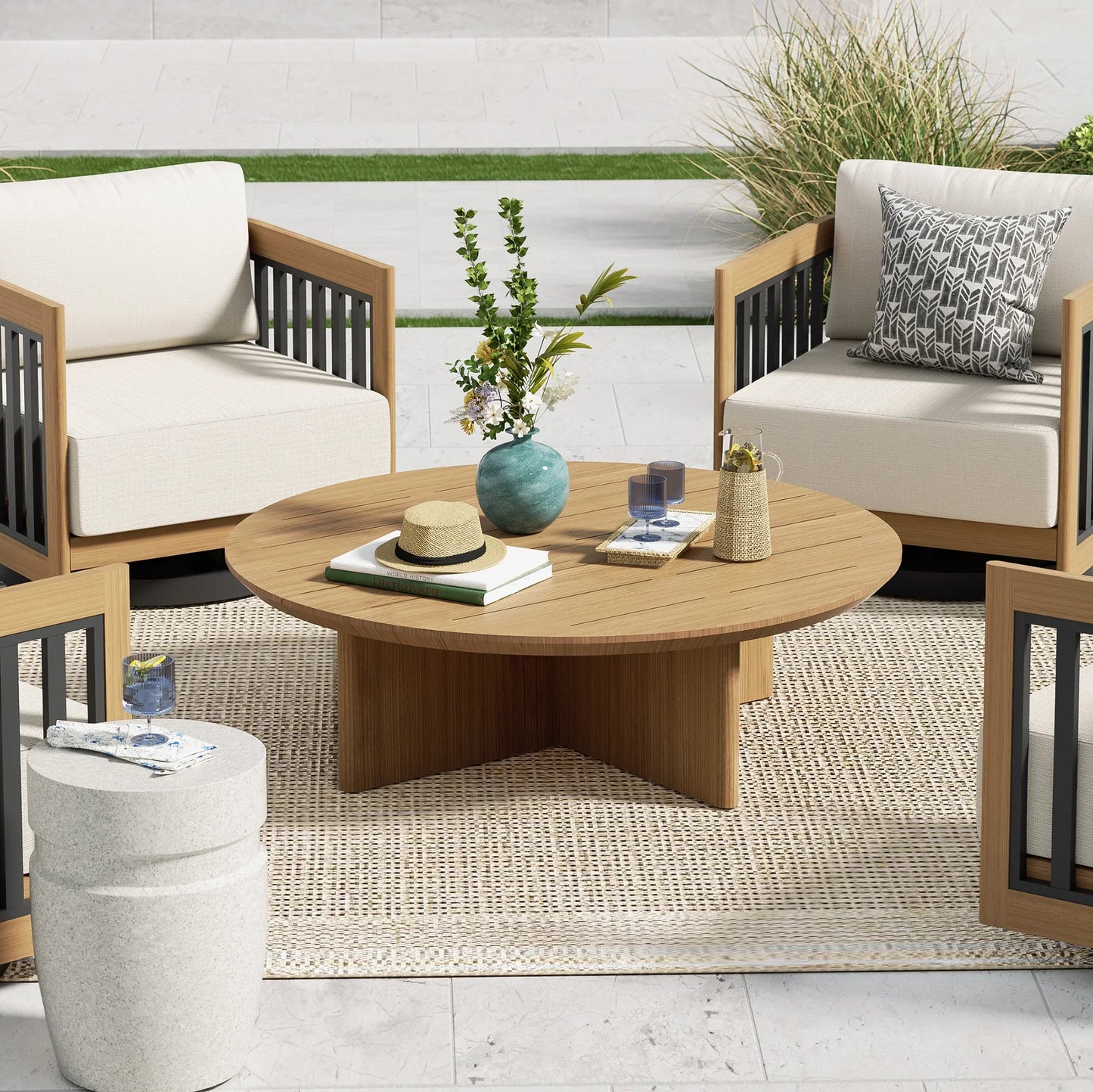 Sereno Outdoor Sofa Set With Swivel Chairs and Round Coffee Table (Set of 4)