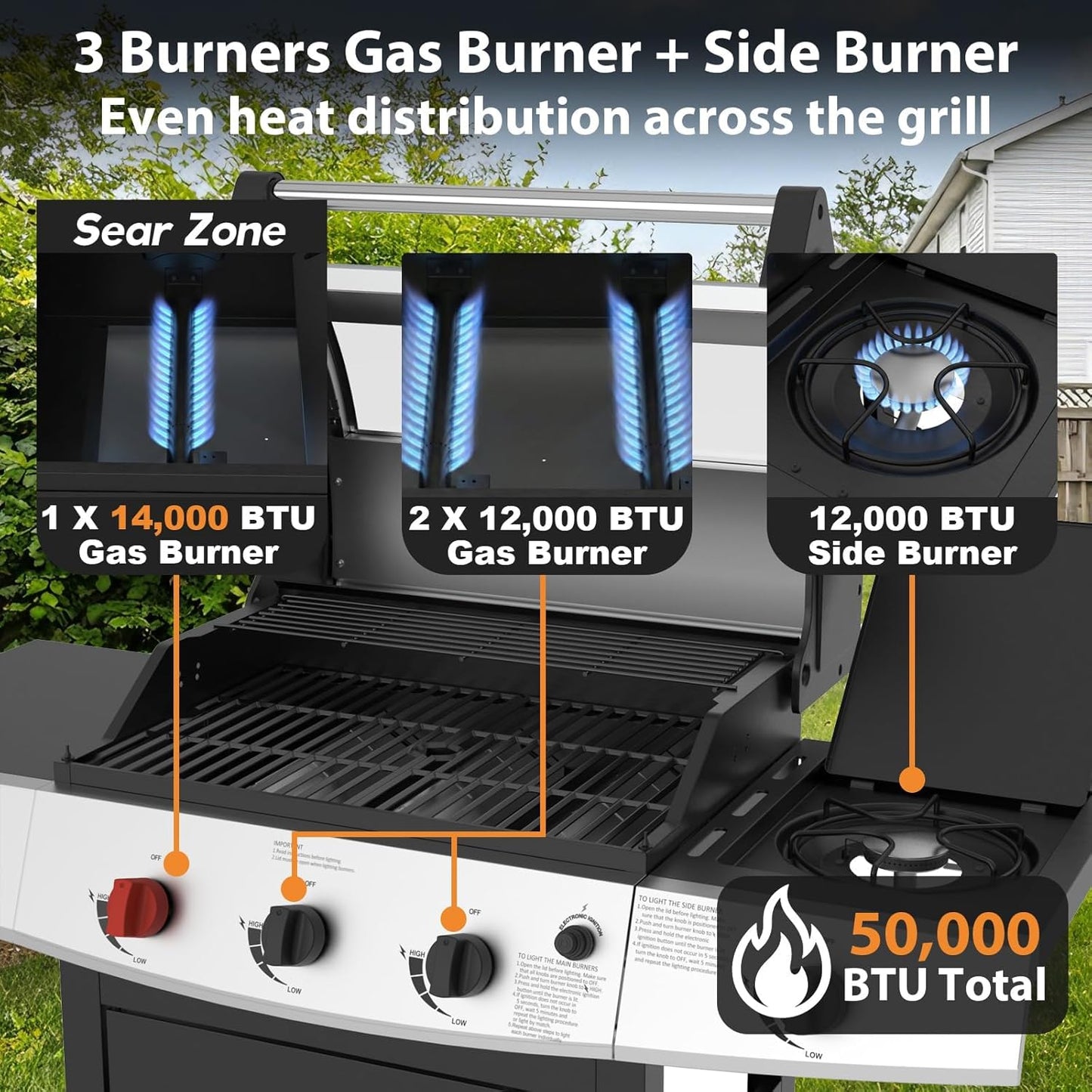 4 Burners Propane Gas Outdoor Grill 50000 BTU, 553 Sq.In, Side Burner, Porcelain-Enameled Grates, Stainless Steel Propane Grill Outdoor Cooking, Patio Garden Family Barbecues Party