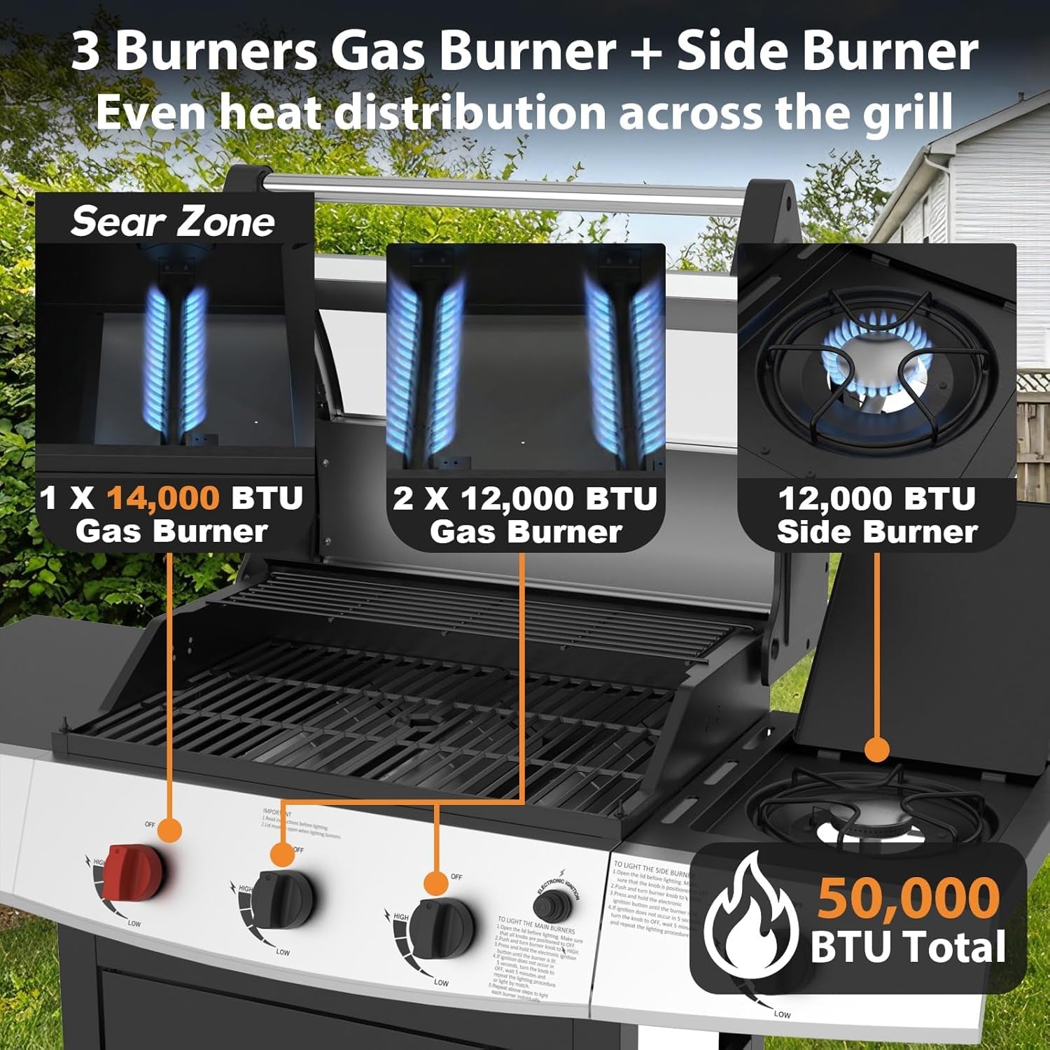 4 Burners Propane Gas Outdoor Grill 50000 BTU, 553 Sq.In, Side Burner, Porcelain-Enameled Grates, Stainless Steel Propane Grill Outdoor Cooking, Patio Garden Family Barbecues Party