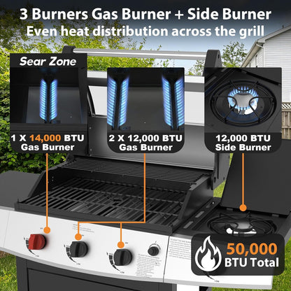 4 Burners Propane Gas Outdoor Grill 50000 BTU, 553 Sq.In, Side Burner, Porcelain-Enameled Grates, Stainless Steel Propane Grill Outdoor Cooking, Patio Garden Family Barbecues Party