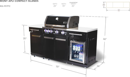 Premium 70"W X 24"D Black Stainless Steel Compact Outdoor Kitchen Island with Refrigerator + 32"W 4-Burner BBQ Grill with Infrared Rotisserie Burner + Storage Cabinets + Granite Countertops