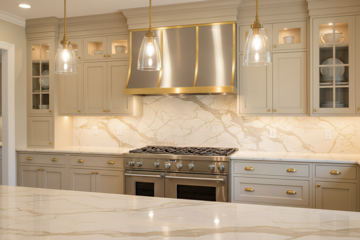 Akicon AKH70112-S Brass Range Hood in Kitchen Setting