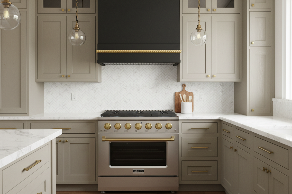Akicon Black Hood & Stainless Gold Range in Kitchen Setting