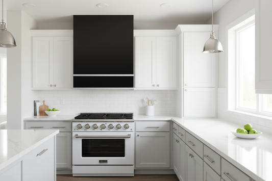 Akicon Black Hood & White Range Combo in Kitchen Setting