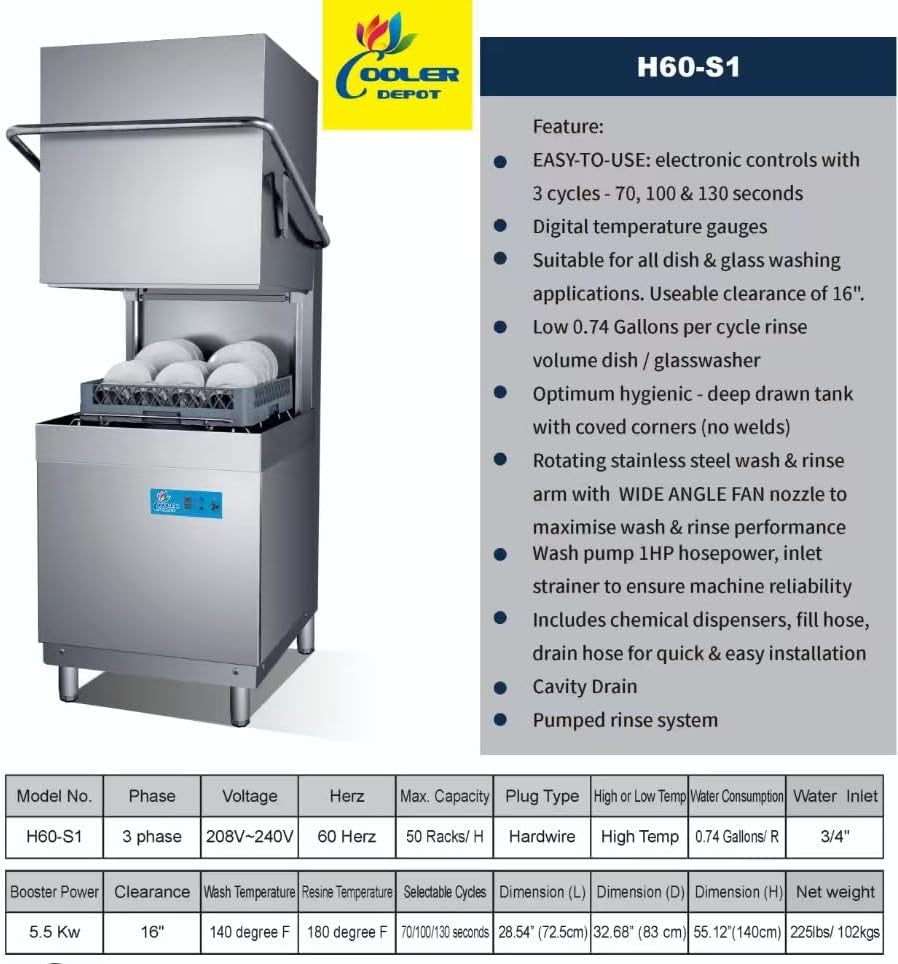 Commercial Dishwasher Restaurant High Temperature, NSF Certified, 220V, 1Or3 Phase H60-S1