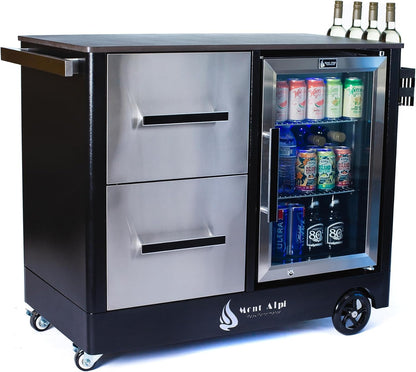 Stainless Steel 48"W X 22.5"D X 36"H Large Outdoor Kitchen Island Rolling Bar Cart Prep Table Grill Station with Ceramic Top & Beverage Refrigerator + Storage Drawers + Portable Ice Cooler