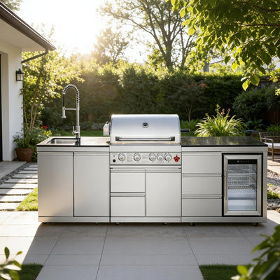 102.4" Outdoor Kitchen Island, 4-Burner Propane Gas BBQ Grill 59500 BTU 304 Stainless Steel, Built-In Sink & Refrigerator for Backyard Patio Cooking (Silver, 102.4"')