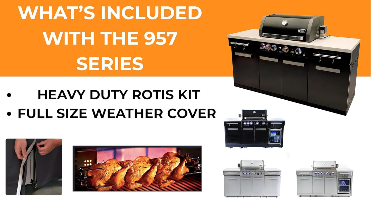 Premium 70"W X 24"D Black Stainless Steel Compact Outdoor Kitchen Island with Refrigerator + 32"W 4-Burner BBQ Grill with Infrared Rotisserie Burner + Storage Cabinets + Granite Countertops