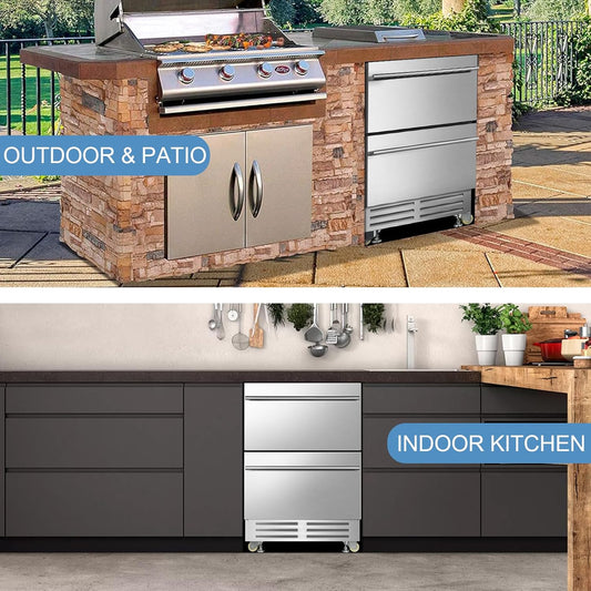 24 Inch Dual Drawer Fridge under Counter with Wheels, Outdoor Beverage Refrigerator for Patio, Stainless Steel Weather-Proof, Freestanding or Built-In Installation, Ideal for Home and Commercial Use