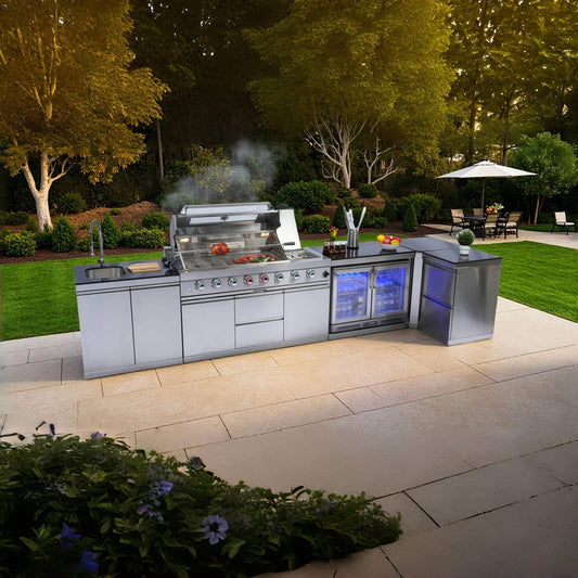 Castelle Flame Montclair 58-Inch 6-Burner 96K BTU Gas Outdoor Liquid Propane Grill Island With Wine Cooler And Rotisserie