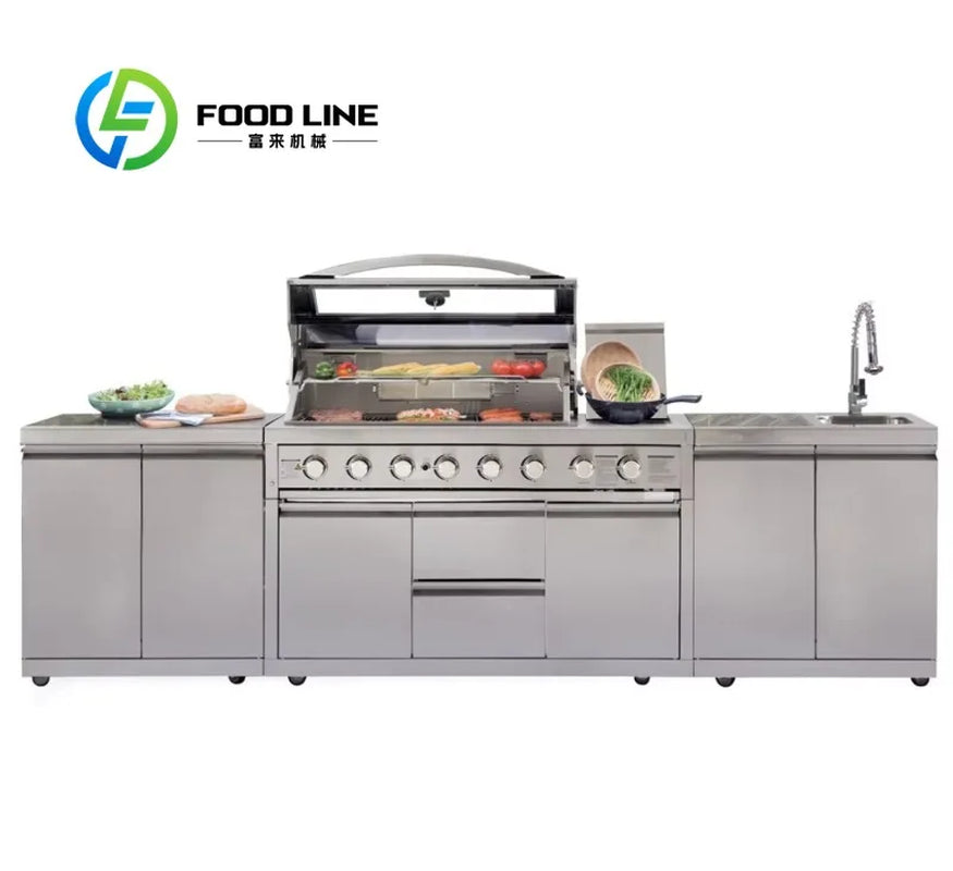Customize Modern Modular Outdoor Kitchen Stainless Steel BBQ Island Sink Refrigerator Gas Burners Patio Cooking