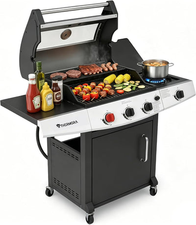 4 Burners Propane Gas Outdoor Grill 50000 BTU, 553 Sq.In, Side Burner, Porcelain-Enameled Grates, Stainless Steel Propane Grill Outdoor Cooking, Patio Garden Family Barbecues Party