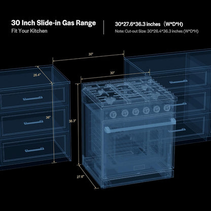 Empava Prostyle 30" Gas Range: True Convection, 18K BTU Power Burner & 4.55 Cu. Ft.Oven, Freestanding/Slide-In Stainless Steel Stove, CSA Certified