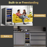15 In. Dual Zone Built-In Wine Cooler 30-Bottle Cellar Cooling Unit in Stainless Steel with 6-Removable Shelves