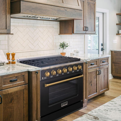 36" Slide-In Freestanding Professional Style Gas Range with 5.2 Cu. Ft. Oven, 6 Burners, Convection Fan, Cast Iron Grates, & Blue Porcelain Oven Interior, in Black with Gold