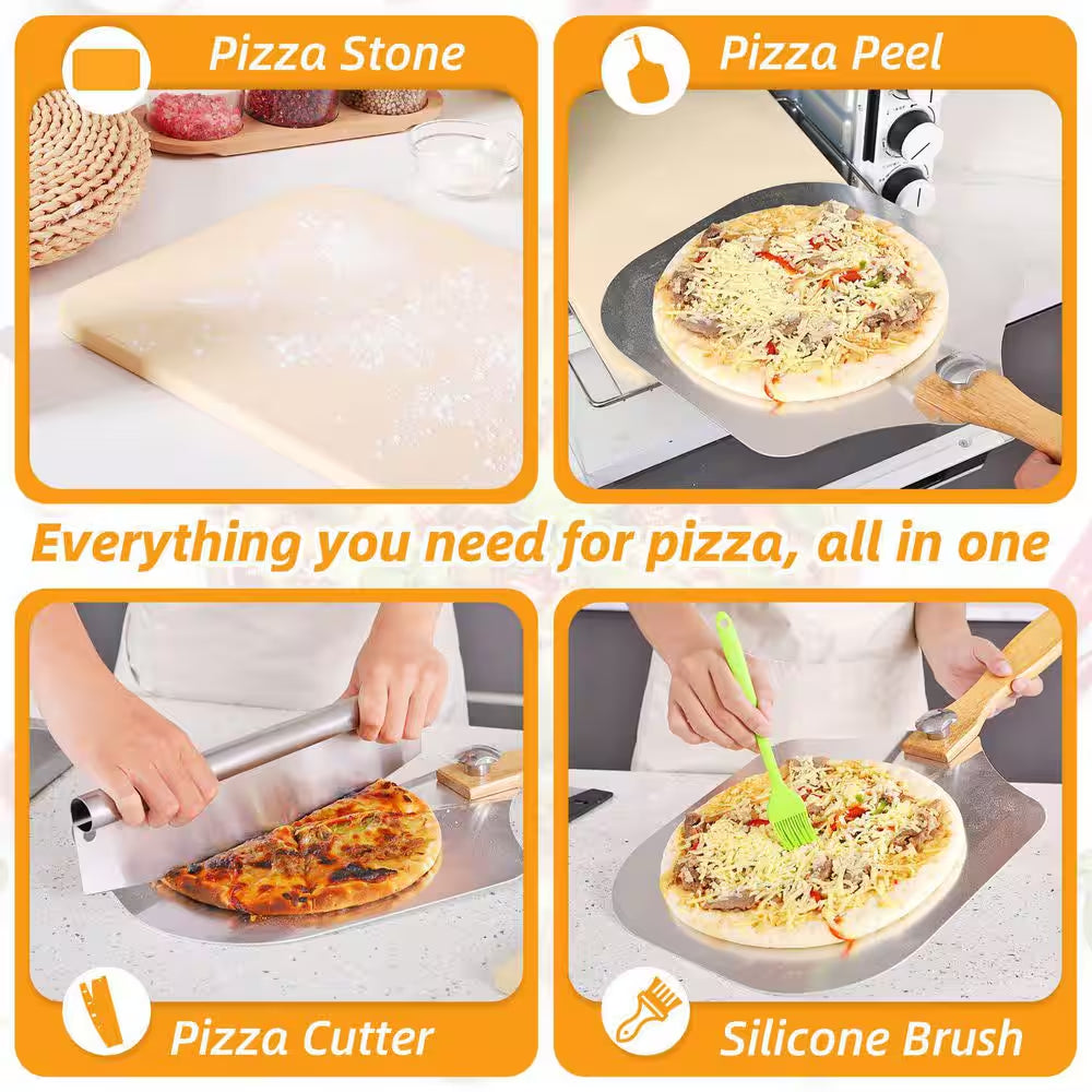 5 Pieces Pizza Stone Set, 15 In. Rectangle Pizza Stone Set with Metal Pizza Peels, Cutter Rocker for Oven, Outdoor Grill