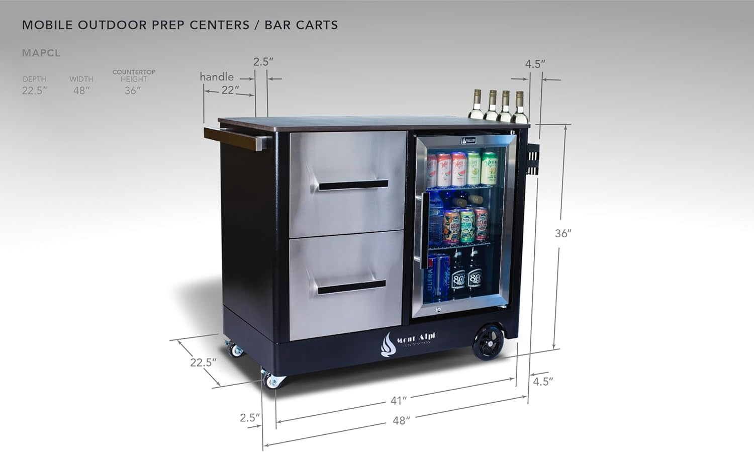 Stainless Steel 48"W X 22.5"D X 36"H Large Outdoor Kitchen Island Rolling Bar Cart Prep Table Grill Station with Ceramic Top & Beverage Refrigerator + Storage Drawers + Portable Ice Cooler