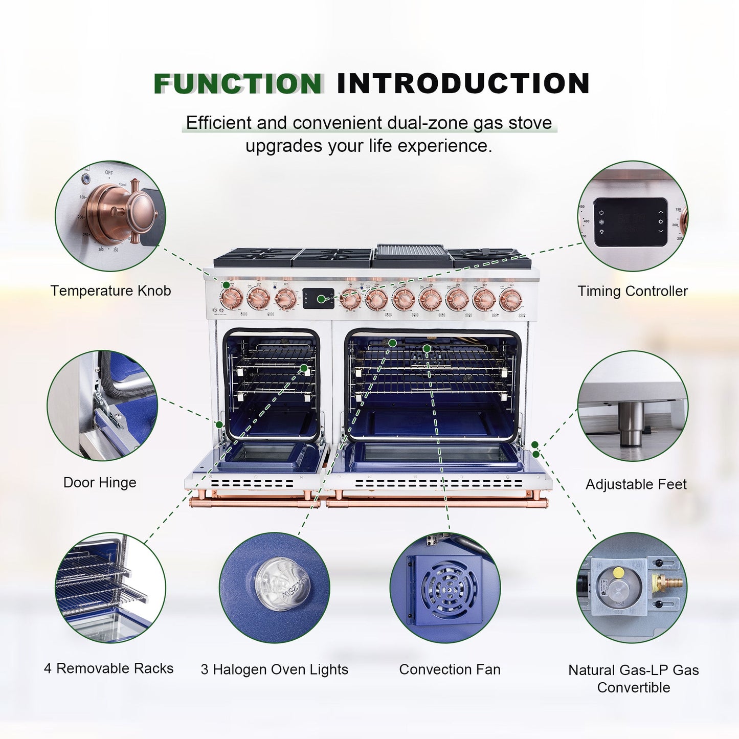 48" Freestanding Gas Range with 8 Sealed Burners Cooktop, Rapid Convection Oven, Natural Gas/LP Convertible - AK-G48N05A-BS