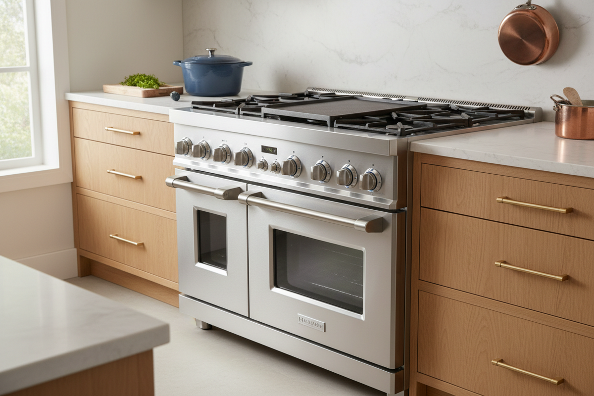 48-inch stainless steel double oven gas range with six burners and griddle in a modern kitchen