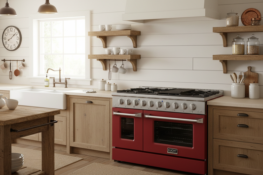 Kucht 48" Propane Range in Stainless Steel, Red Doors, KNG481/LP-R