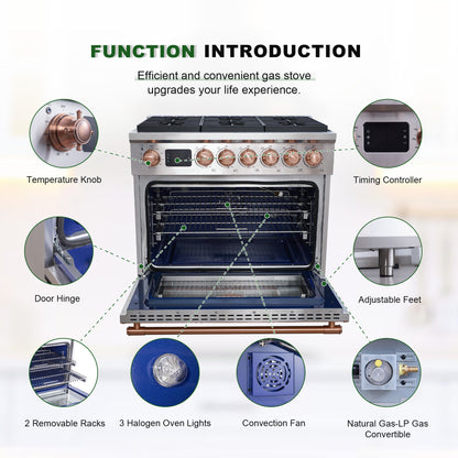 36” Freestanding Gas Range with 6 Sealed Burners Cooktop, Natural Gas/LP Convertible
