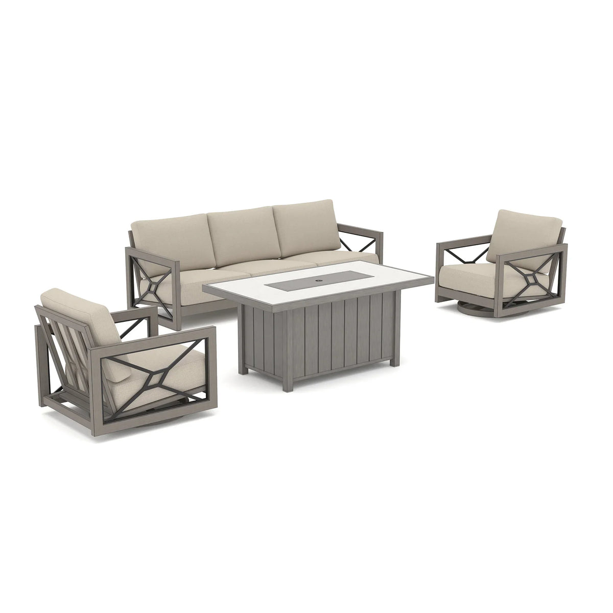 4-Piece Faux-Wood Aluminum Swivel Patio Conversation Set with Fire Pit Table