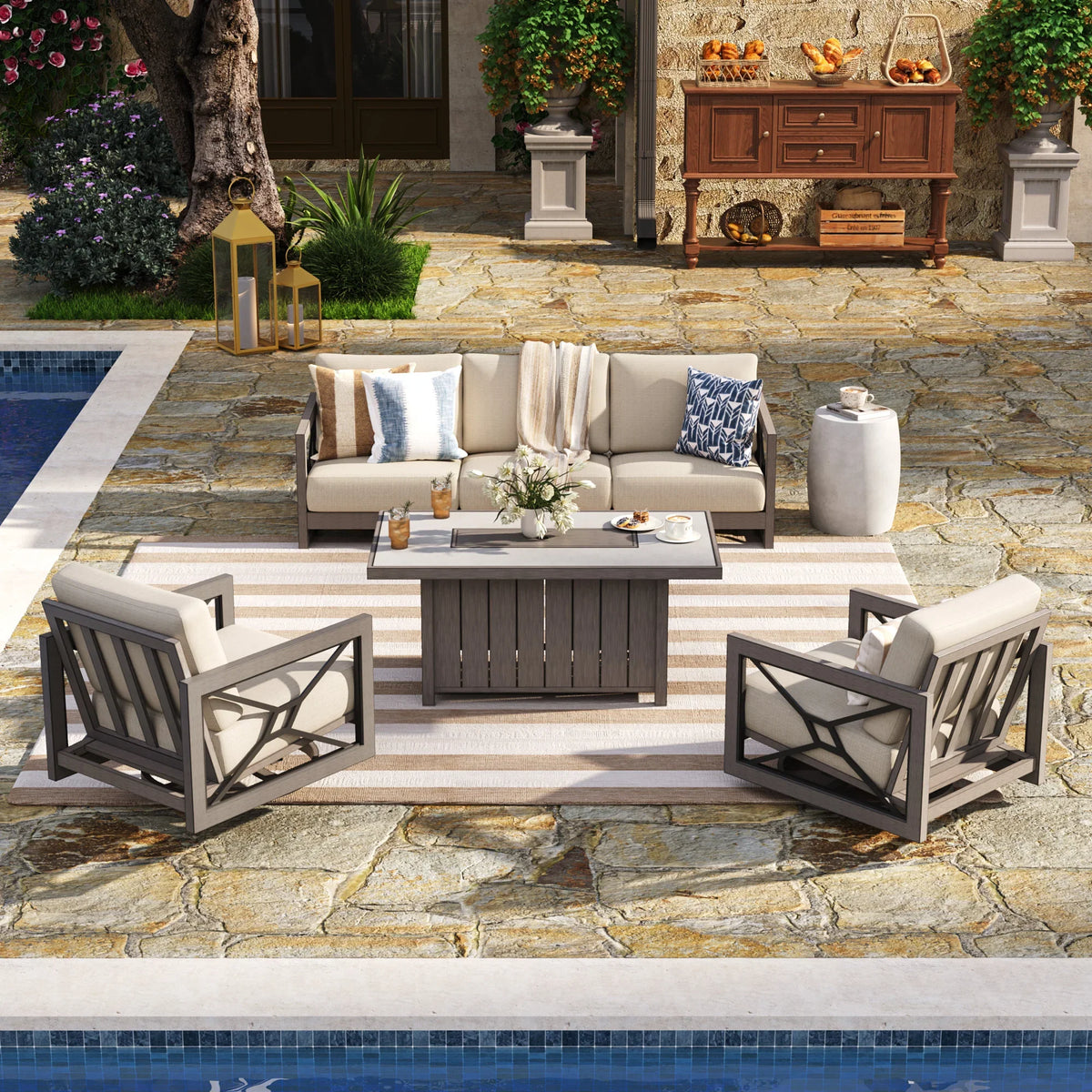 4-Piece Faux-Wood Aluminum Swivel Patio Conversation Set with Fire Pit Table
