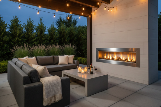 Patio Elegance Galaxy Outdoor Gas Fireplace in Evening Luxury Patio Setting