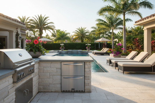 Wildfire Dual-Drawer Outdoor Fridge Built Into Pool Backyard Setting