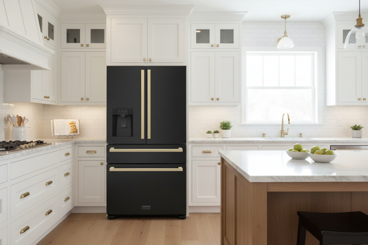ZLINE 36" Black Stainless 4-Door Refrigerator in Bright White Kitchen
