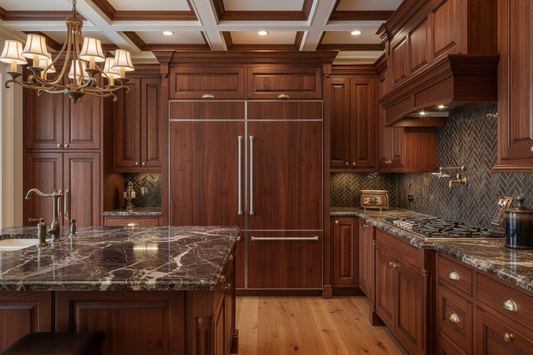 ZLINE 72" Panel-Ready Built-In Refrigerator with Mahogany Panels in Grand Luxury Kitchen